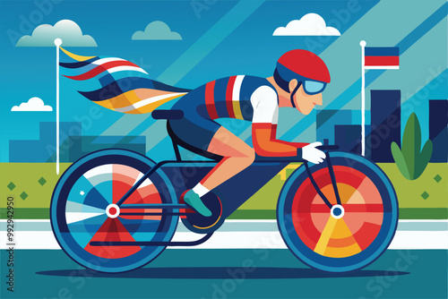 A paralympic cyclist competes in a vibrant city park, showcasing speed and determination under a sunny sky, Customizable Paralympic cycling illustration