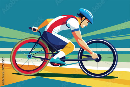A cyclist races forward, capturing the spirit of paralympic competition in a colorful and energetic design, Customizable Paralympic cycling illustration