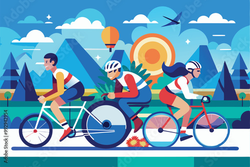 Three paralympic cyclists are racing through a colorful landscape filled with nature and sunshine, Customizable Paralympic cycling illustration