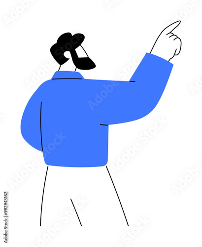 A stylized person pointing upward dressed in blue shirt and white pants. Simplistic shapes and bold outlines. Ideal for business presentations, leadership, direction, motivation, guidance. Minimalist