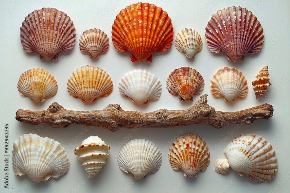 A Collection of Seashells with a Branch on a White Background A Collection of Seashells with a Branch on a White Background