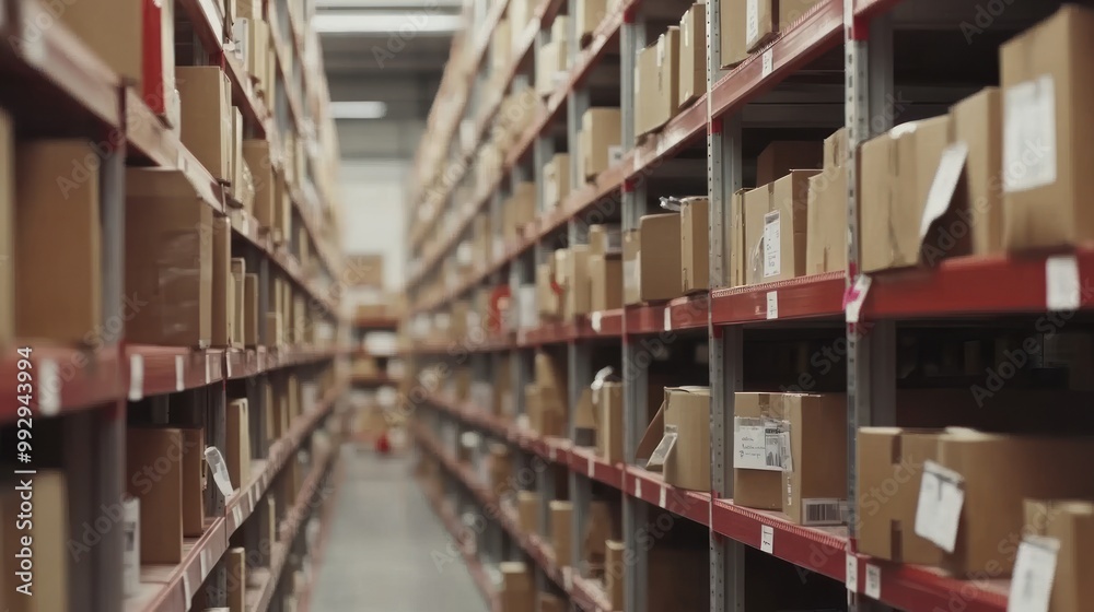 A warehouse aisle filled with neatly stacked cardboard boxes on shelves. A warehouse aisle filled with neatly stacked cardboard boxes on shelves.