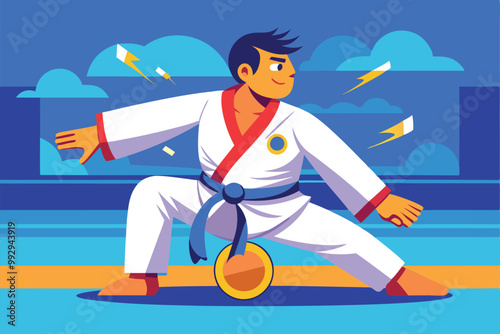 A dynamic illustration shows a paralympic judo athlete training in a vibrant, outdoor setting, Customizable Paralympic Judo Illustration