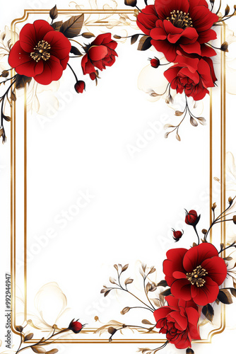 modern and elegant Islamic wedding invitation card template with red floral borders, white background, golden boarder, blank space in center, template
