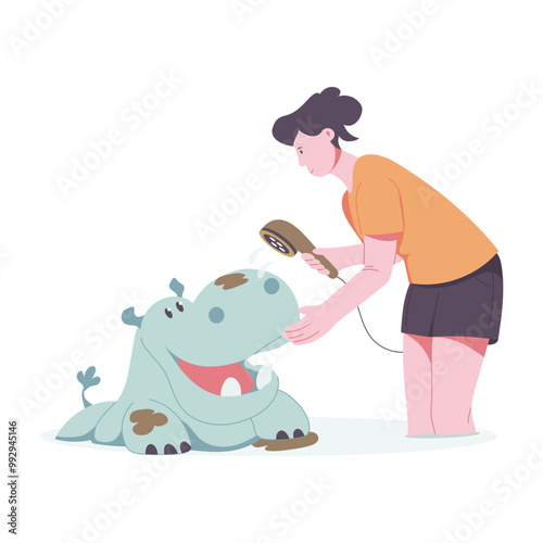 Hippo cleaning illustration in flat style