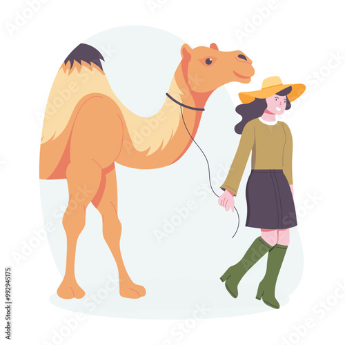 A woman holding a pet camel, a flat style illustration 