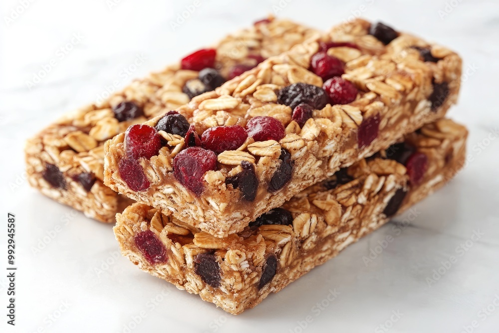Stack of granola bars with fruit. Perfect for healthy snack or breakfast.