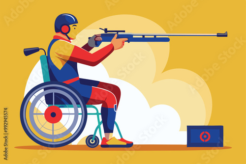 An athlete in a wheelchair is practicing paralympic shooting with focus and determination, Customizable Paralympic shooting illustration