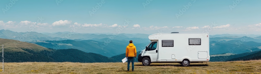 Rugged RV parked on a mountain trail, adventurer standing beside it with a map, panoramic view of vast wilderness, symbolizing exploration and freedom Rugged RV parked on a mountain trail, adventurer standing beside it with a map, panoramic view of vast wilderness, symbolizing exploration and freedom