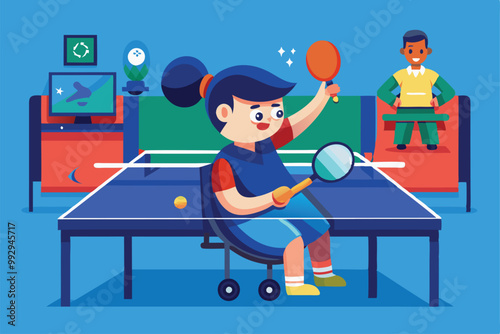 A young athlete in a wheelchair plays table tennis, competing with a seated opponent in a vibrant setting, Customizable Paralympic table tennis illustration