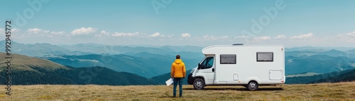 Rugged RV parked on a mountain trail, adventurer standing beside it with a map, panoramic view of vast wilderness, symbolizing exploration and freedom