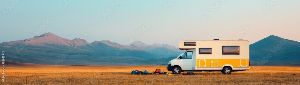 Group of friends resting by their RV after a long hike, gear scattered, mountains in the background, showcasing the perfect mix of travel and outdoor activity Group of friends resting by their RV after a long hike, gear scattered, mountains in the background, showcasing the perfect mix of travel and outdoor activity