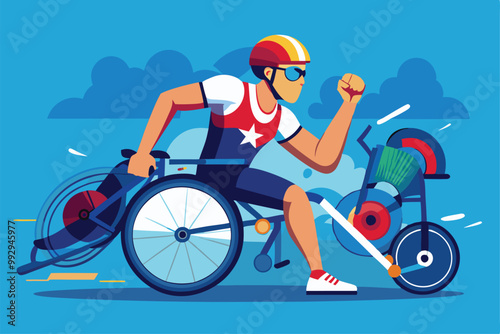 A determined para-triathlete showcases athleticism in a vibrant race, highlighting resilience and speed, Customizable Paralympic triathlon illustration