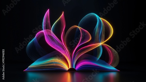 Open book with neon flowing shapes, diversity in education, colorful learning, inclusive knowledge, global perspectives, creativity and growth