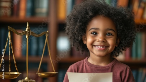 Cute dark skinned child smiling and holding court paper on table scales