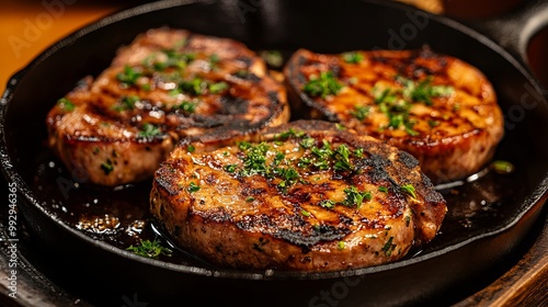 Savor the tantalizing aroma of pork chops sizzling in a cast iron pan, infused with the pungent essence of garlic. 