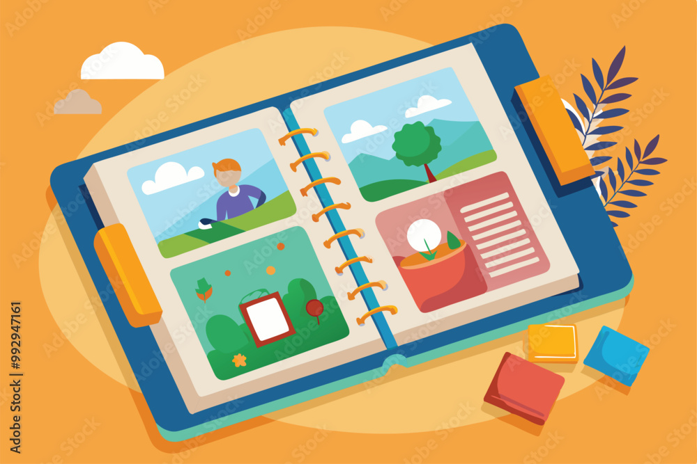 Naklejka premium A customizable album displays colorful illustrations of nature and outdoor moments, inviting creativity, Customizable photo album with semi-flat illustrations.