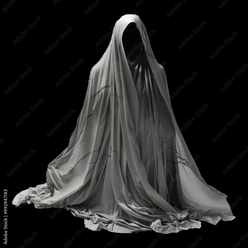 Cloaked figure draped in fabric on black Cloaked figure draped in fabric on black