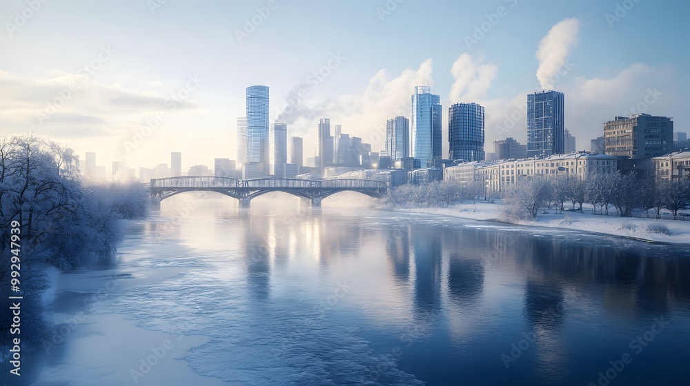 Obraz premium A Modern Skyline Along a Frozen River with Glass Skyscrapers and Snow-Covered City Under a Blanket of Winter Snow