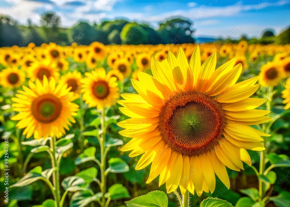 In a stunning painting, bright yellow sunflowers blossom abundantly, complemented by a rich green background, capturing In a stunning painting, bright yellow sunflowers blossom abundantly, complemented by a rich green background, capturing