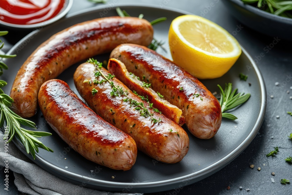 Grilled sausages on a black plate. Perfect for a barbecue or a casual meal. Grilled sausages on a black plate. Perfect for a barbecue or a casual meal.