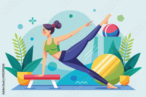 A woman performs a pilates exercise on a reformer in a bright, vibrant studio filled with fitness equipment, Customizable Pilates Illustration