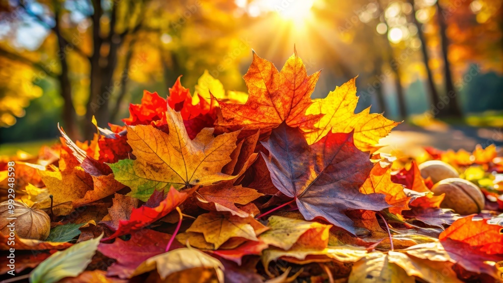 Fototapeta premium In a sunlit outdoor space, a kaleidoscope of vibrant autumn leaves captures attention, illuminating the scene with rich