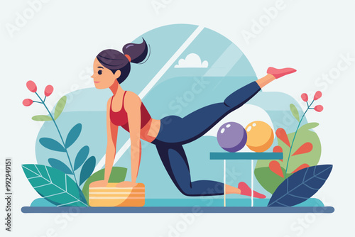 A woman performs a pilates exercise, balancing on a mat with equipment in a vibrant, relaxing setting, Customizable Pilates Illustration