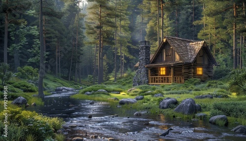 Cozy log cabin by misty stream in peaceful forest