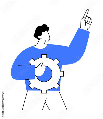 Person holding a gear while pointing upwards, symbolizing progress, innovation, and problem-solving. Ideal for presentations, business, technology, education, and marketing. Modern minimalist style