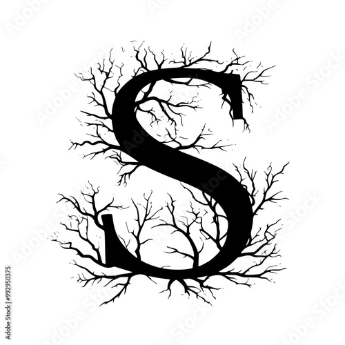 Letter S with Tree Branch Silhouette Design, A bold letter S intertwined with tree branches, forming a nature-inspired, artistic black-and-white silhouette against a white background.
