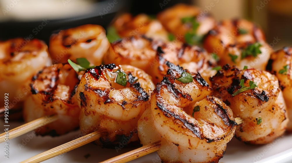 Grilled shrimp skewers on wooden sticks. Perfect for showcasing a delicious and healthy seafood meal. Grilled shrimp skewers on wooden sticks. Perfect for showcasing a delicious and healthy seafood meal.