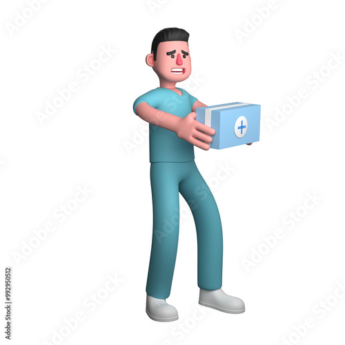 Illustration of Male Healthcare Professional. A male nurse looks like he is holding a first aid kit with his left hand. 3D Nurse