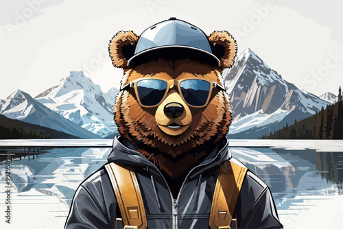 cartoon Bear head wearing sunglasses and plain black cap