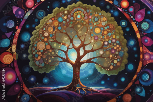 galactic spiral mandala, pattern sacred geometry mandala tree illustration