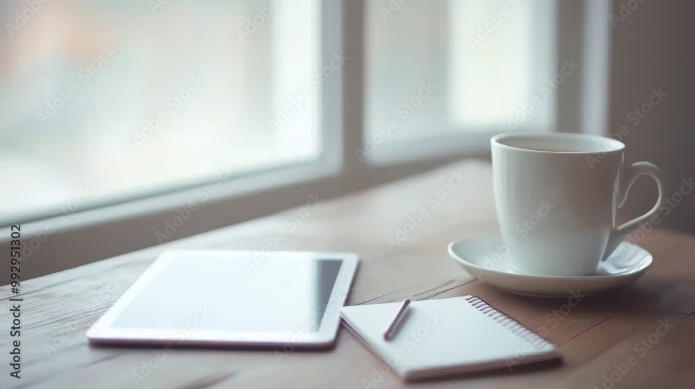 A serene workspace with a tablet, notepad, and a cup of coffee by the window. A serene workspace with a tablet, notepad, and a cup of coffee by the window.