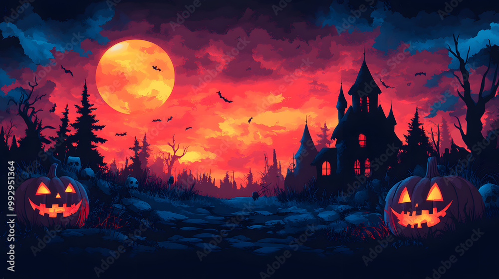 Flat Vector Illustration of a Halloween-Themed Background Featuring Spooky Elements like Jack-o’-Lanterns, Ghosts, and Bats, Perfect for Celebrating the Halloween Spirit and Seasonal Festivities in Cr Flat Vector Illustration of a Halloween-Themed Background Featuring Spooky Elements like Jack-o’-Lanterns, Ghosts, and Bats, Perfect for Celebrating the Halloween Spirit and Seasonal Festivities in Cr