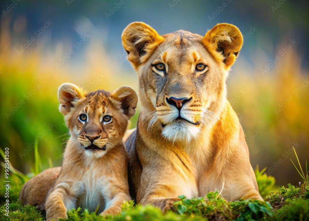 Obraz premium In the heart of Africa, a regal lioness and her spirited cub embody the essence of motherhood, showcasing
