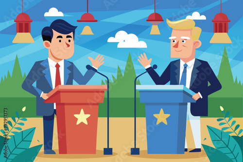 Two candidates stand at opposing podiums, engaging in a lively debate surrounded by greenery, Customizable political cartoon illustration for debates.