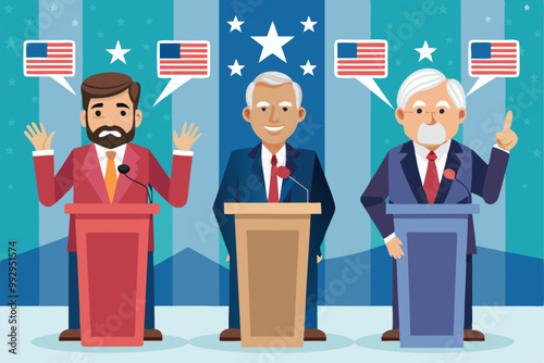 Three political candidates stand at podiums during a debate, engaging with the audience and discussing policies, Customizable political cartoon illustration for debates.