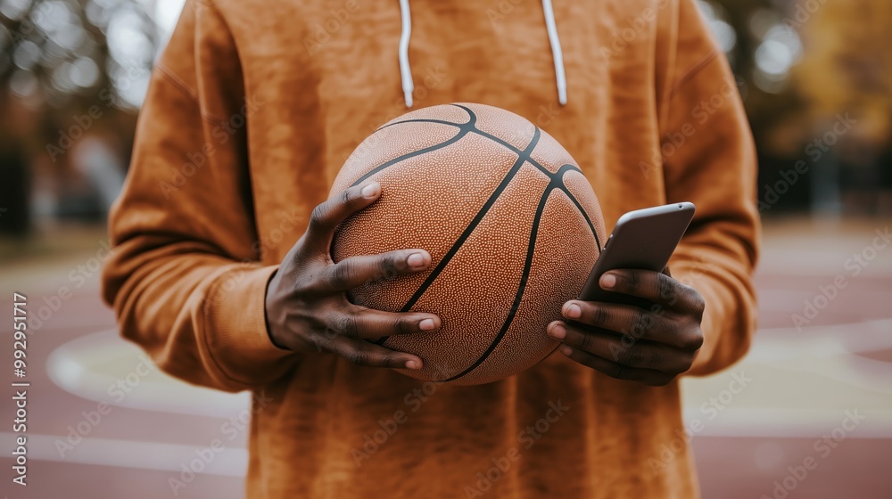 Man holding basketball and smartphone on outdoor court. Sports equipment rental, fitness tracking, mobile app technology, modern basketball concept. Man holding basketball and smartphone on outdoor court. Sports equipment rental, fitness tracking, mobile app technology, modern basketball concept.