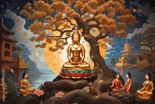 the bodhisatva gaining enlightnemt under the Sacred Bodhi Tree