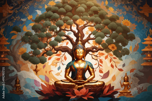 the bodhisatva gaining enlightnemt under the Sacred Bodhi Tree