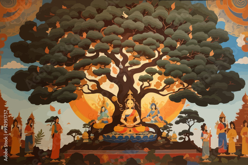 the bodhisatva gaining enlightnemt under the Sacred Bodhi Tree