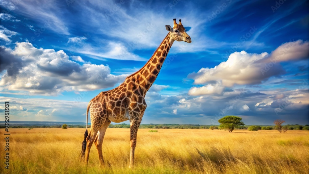 Fototapeta premium In the savanna, a magnificent giraffe stands tall beneath a brilliant blue sky, embodying the extraordinary serenity