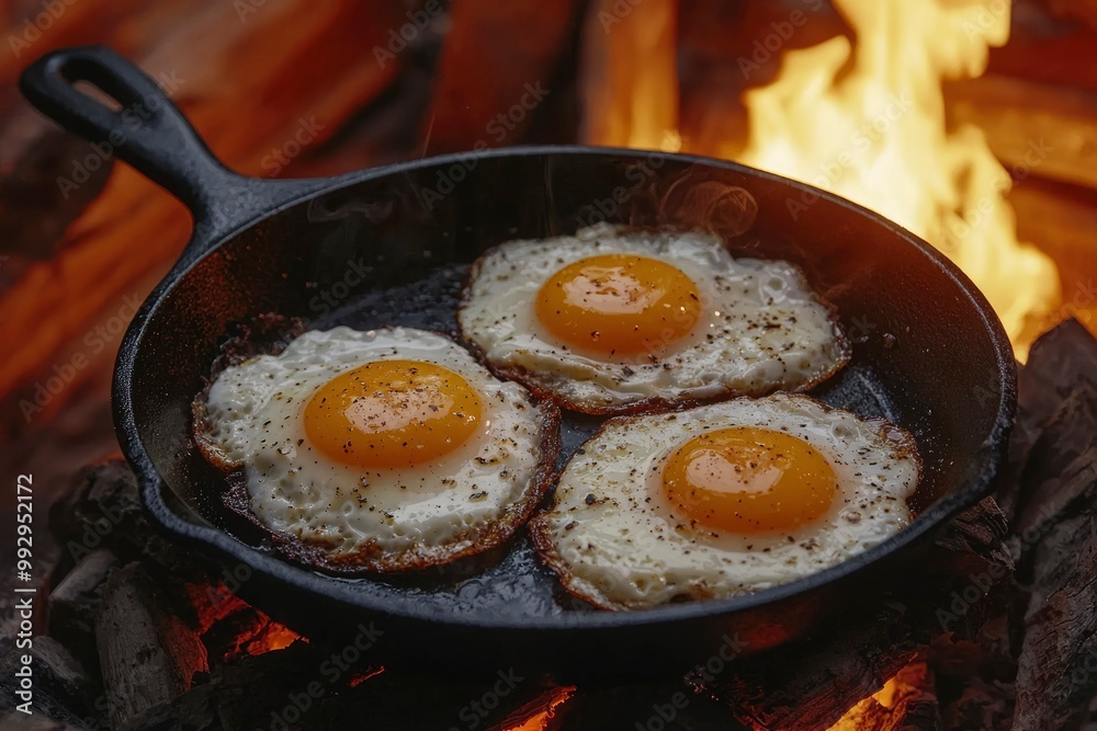 Three Fried Eggs in a Cast Iron Skillet Over an Open Fire