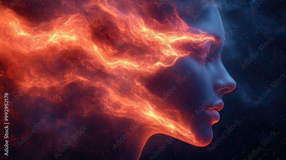An abstract design of human and technology fusion symbolizes the expansion of the digital mind. An abstract design of human and technology fusion symbolizes the expansion of the digital mind.