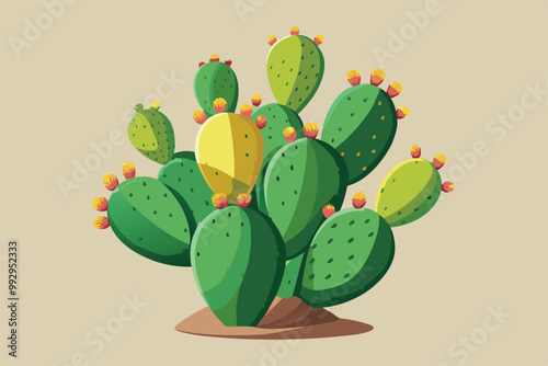 This illustration showcases a vividly colored prickly pear cactus with blooming flowers, perfect for customization, Customizable prickly pear cactus illustration, semi-flat style.