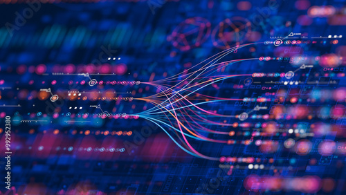 Big data technology Data science analysing artificial intelligence generative AI deep learning machine learning algorithm Neural flow network analytics innovation abstract futuristic. 3d rendering.. photo