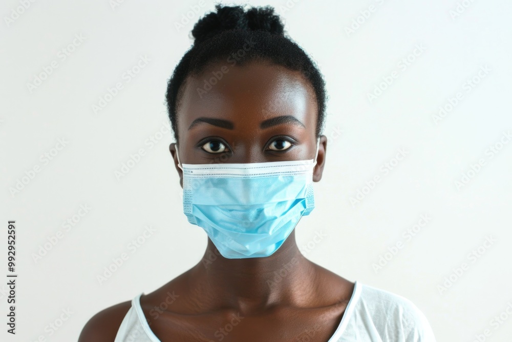Person In Face Mask. Young African-American Woman Wearing Disposable Medical Mask Person In Face Mask. Young African-American Woman Wearing Disposable Medical Mask